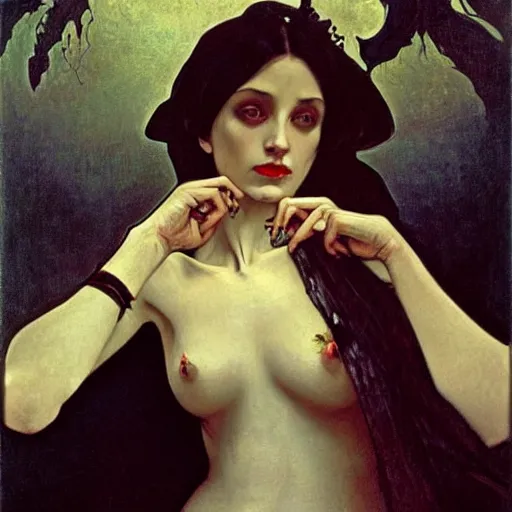 Prompt: A beautiful painting of a lady vampire, victorian, ominous, oil on canvas, photorealism, alphonse mucha, caravaggio, high definition, soft light