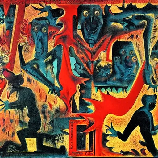 Prompt: uncanny repressed emotional monsters breaking free from the unconscious in a fiery revolution, collage by max ernst