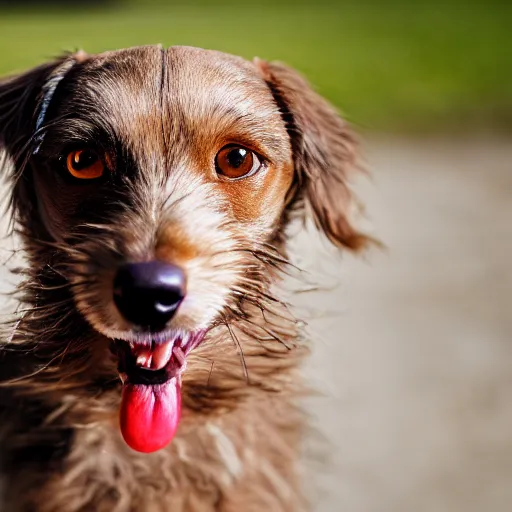 Prompt: closeup portrait of a small light brown furry dog with tongue licking its nose, cross eyed, tongue on nose, natural light, sharp, detailed face, magazine, press, photo, Steve McCurry, David Lazar, Canon, Nikon, focus