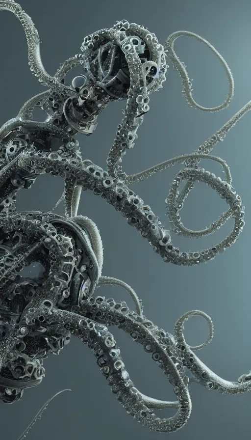 Image similar to a single bio mechanical tentacle, robotic but also organic, made up of lots of small parts, wet, shiny, horror, clinical, octane render, 8k, hyper realistic, super detailed