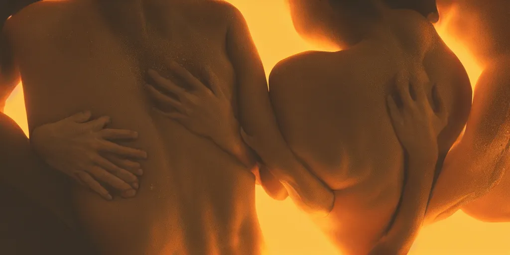 Image similar to sensual bodies intertwined in orange light, wet skin, close together, holding each other tight, drops of water, beautiful hands, no head, no face, torso, backlit, 8 k, realistic