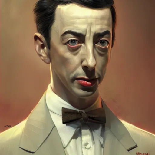 Image similar to close portrait of peewee herman, high detail, dramatic light, digital art, painted by greg rutkowski, painted by seb mckinnon, trending on artstation