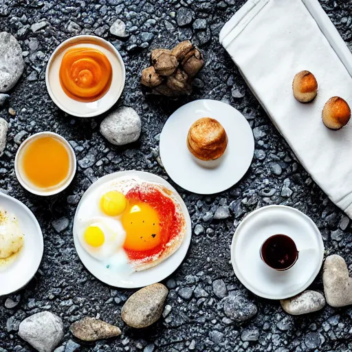 Prompt: a photo of a breakfast made of rocks
