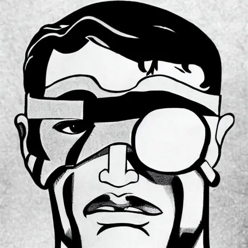 Image similar to soviet russian superman with an eyepatch, close up, by will eisner