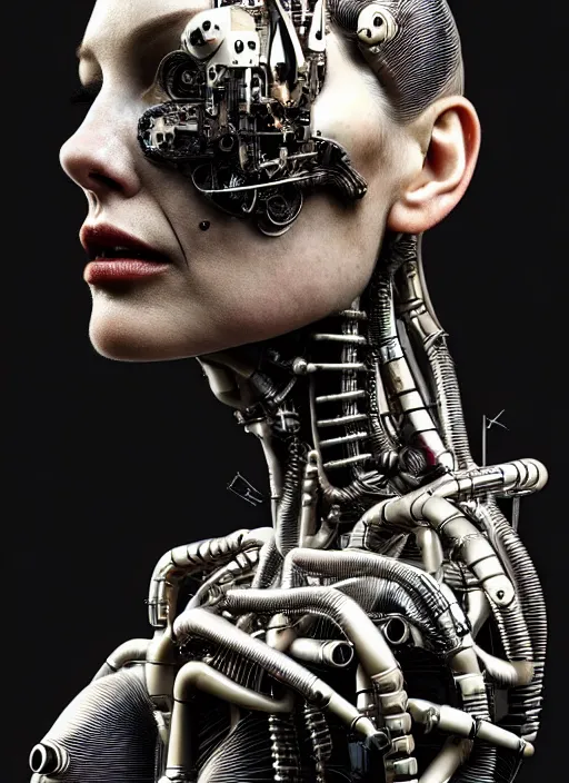 Image similar to a female cyborg profile face, by h. r. giger, by ismail inceoglu, by kiki smith, glamor shot, vintage, closeup, f / 2. 8, low contrast, 1 6 k, rim lighting, cinematic lighting, insanely detailed and intricate, hypermaximalist, elegant, ornate, hyper realistic, super detailed