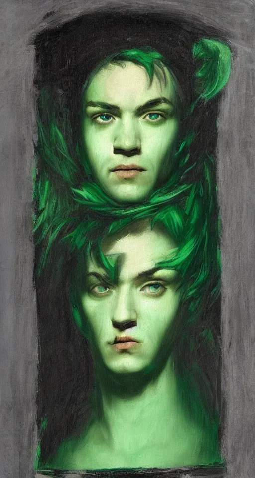 Image similar to jacksepticeye with dyed green hair renaissance portrait painting, chiaroscuro, oil paints on canvas