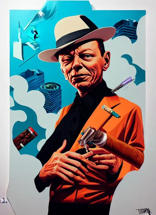 Prompt: frank sinatra smoking acigar, tristan eaton, victo ngai, artgerm, rhads, ross draws