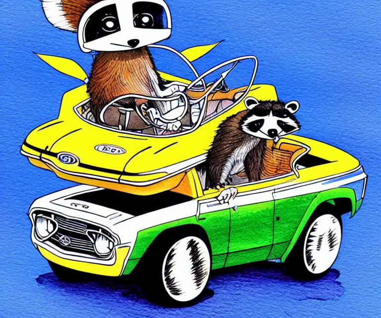 Prompt: cute and funny, racoon wearing a helmet riding in a tiny 1 9 6 7 ford eagle formula one, ratfink style by ed roth, centered award winning watercolor pen illustration, isometric illustration by chihiro iwasaki, edited by range murata