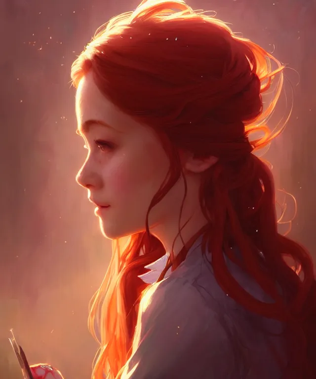 Image similar to side portrait cute female, magic school uniform, fantasy forest landscape, dnd fantasy magic, long red hair, cinematic rim light, intricate, elegant, highly detailed, digital painting, artstation, concept art, smooth, sharp focus, illustration, art by artgerm and greg rutkowski and alphonse mucha