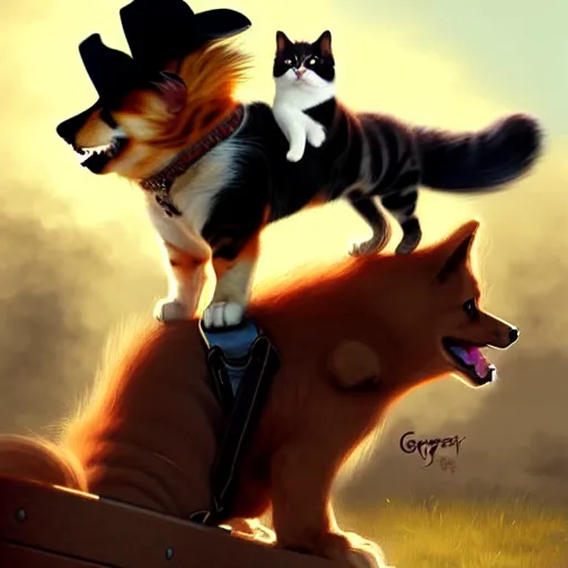 Image similar to fluffy cat in cowboy hat like a tiny girl riding on the back of a giant corgi by greg rutkowski