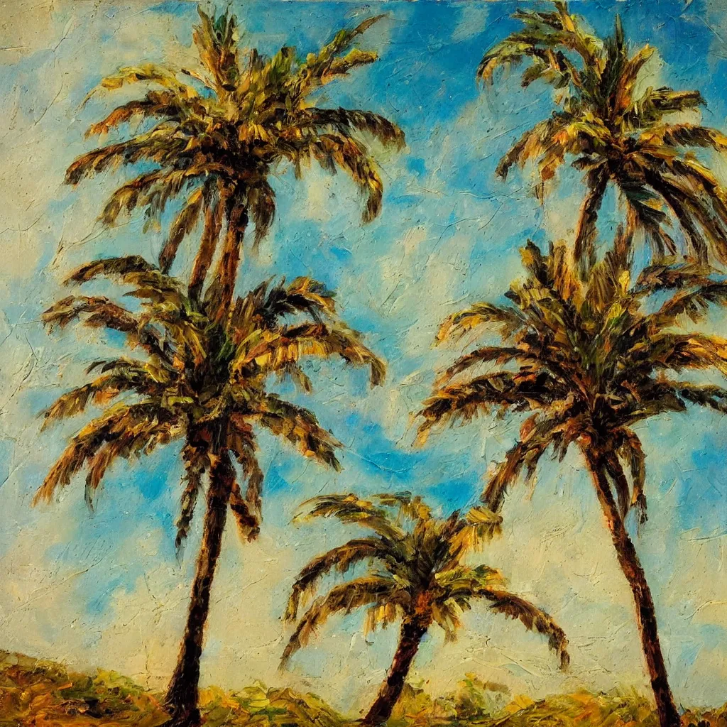 Prompt: a palm tree painted in the style of the old masters, painterly, thick heavy impasto, expressive impressionist style, painted with a palette knife