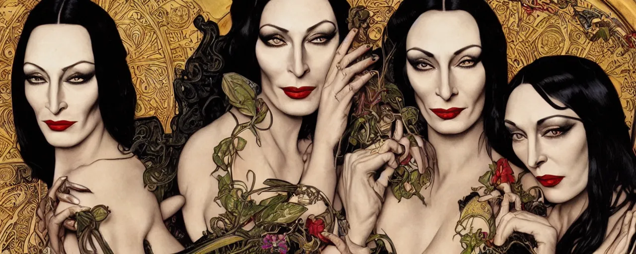 Image similar to stunning exotic art nouveau portrait of anjelica huston and morticia addams as industrial dieselpunk queens of the night by glenn fabry, simon bisley and alphonse mucha, photorealism, extremely hyperdetailed, perfect symmetrical facial features, perfect anatomy, ornate declotage, spikes, latex, confident expression, wry smile, sinister eyes