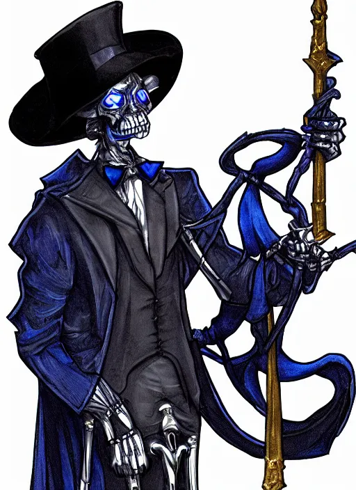 Image similar to DND character art, skeletal male figure, wearing a deep black suit!!! and tie and top hat, holding a gold! cane!, blue flames in background, blue flames