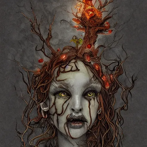 Image similar to rotten tree spirit dryad with a beautiful face and flaming mouth and eyes + mushrooms + fungi + lichen + sketch lines + graphite texture + old parchment + guillermo del toro concept art + justin gerard monsters, intricate ink illustration