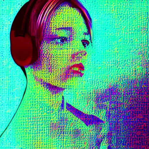 Image similar to glitchcore glitchart cyberdream young woman dreaming in vr, glitches, digital, hologram