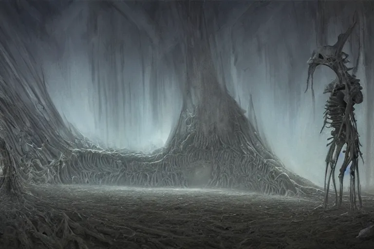 Prompt: prophecy, moody, amazing concept painting, art station, by Jessica Rossier and HR giger and Beksinski, the middle of a valley; it was full of bones, bones that were very dry, there was a noise, a rattling sound, and the bones came together, bone to bone , I looked, and tendons and flesh appeared on them and skin covered them, but there was no breath in them and breath entered them, they came to life and stood up on their feet a vast army