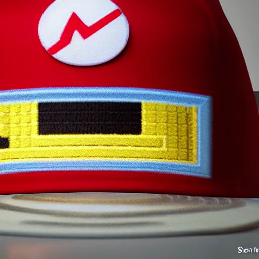 Image similar to A realistic image of Super Mario's hat in a museum, ultra high detail, 8k.