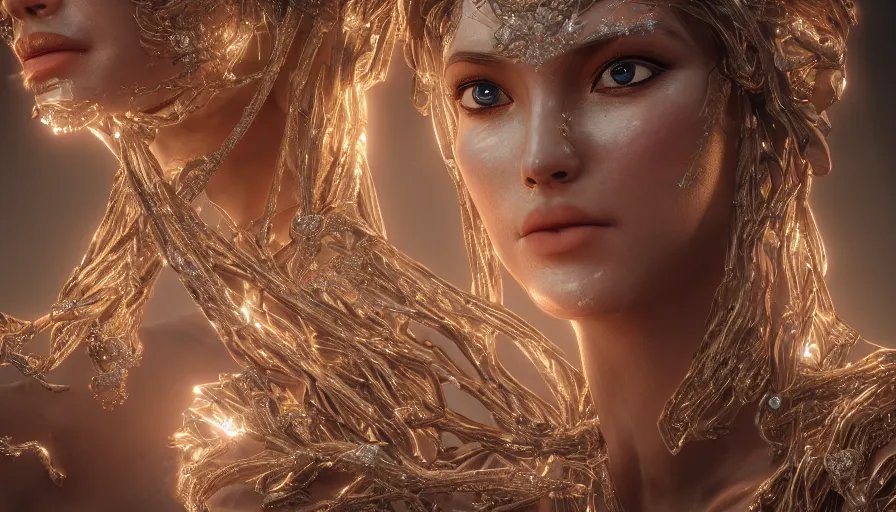 Image similar to full body detailed, ethereal, biomechanical, covered in diamonds and other gems glowing, highly detailed face, elegant posed, intricate, extremy detailed, beeple, cgsociety, 3 d unreal engine octane render. cinematic lighting, highly detailed 4 k art