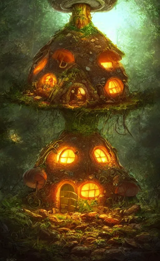 Prompt: a mushroom house in the middle of a forest at night, the lights are on, dynamic lighting, photorealistic fantasy concept art, trending on art station, stunning visuals, creative, cinematic, ultra detailed