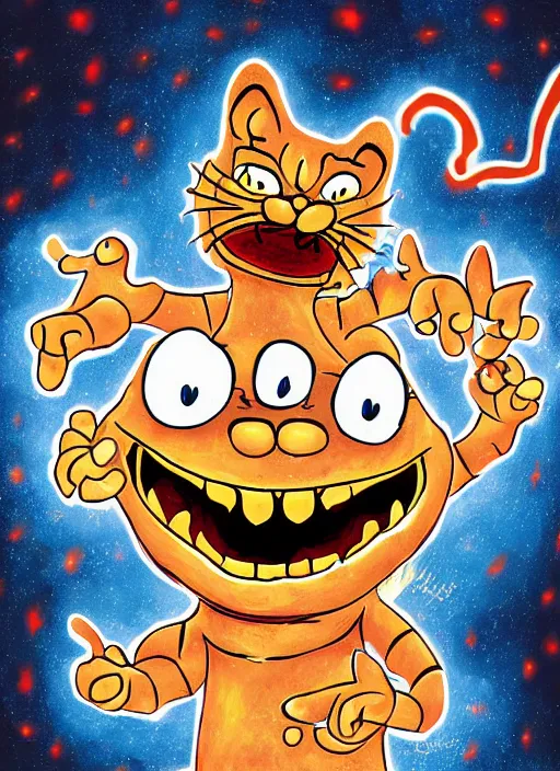 Image similar to a cosmic horror garfield with razor sharp teeth, red eyes, red teeth, digital art, lineart, im sorry john