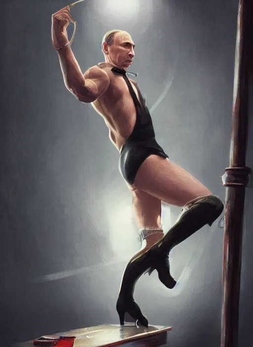 Image similar to vladimir putin, wearing in stocking, mesh shirt, in a strip club, dancing on a pole, elegant, digital painting, concept art, smooth, sharp focus, finely detailed illustration, beautifully framed, from Metal Gear, in the style of Artgerm and Greg Rutkowski and William-Adolphe Bouguerea