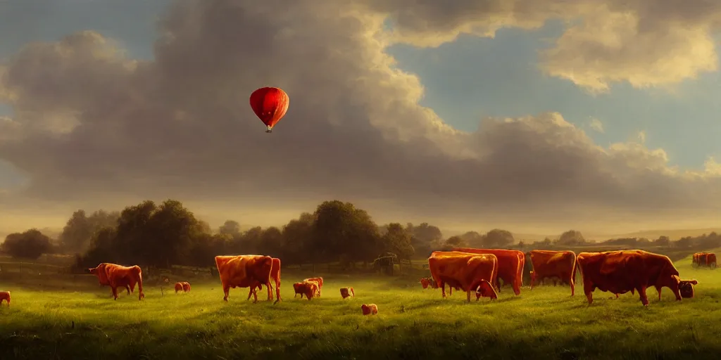 Image similar to a red hot air balloon flies above a field of cattle on a beautiful summer morning, English countryside, fields, cows, matte painting by Greg rutkowski, early morning light, trending on artstation, cinematic lighting, deviantart,