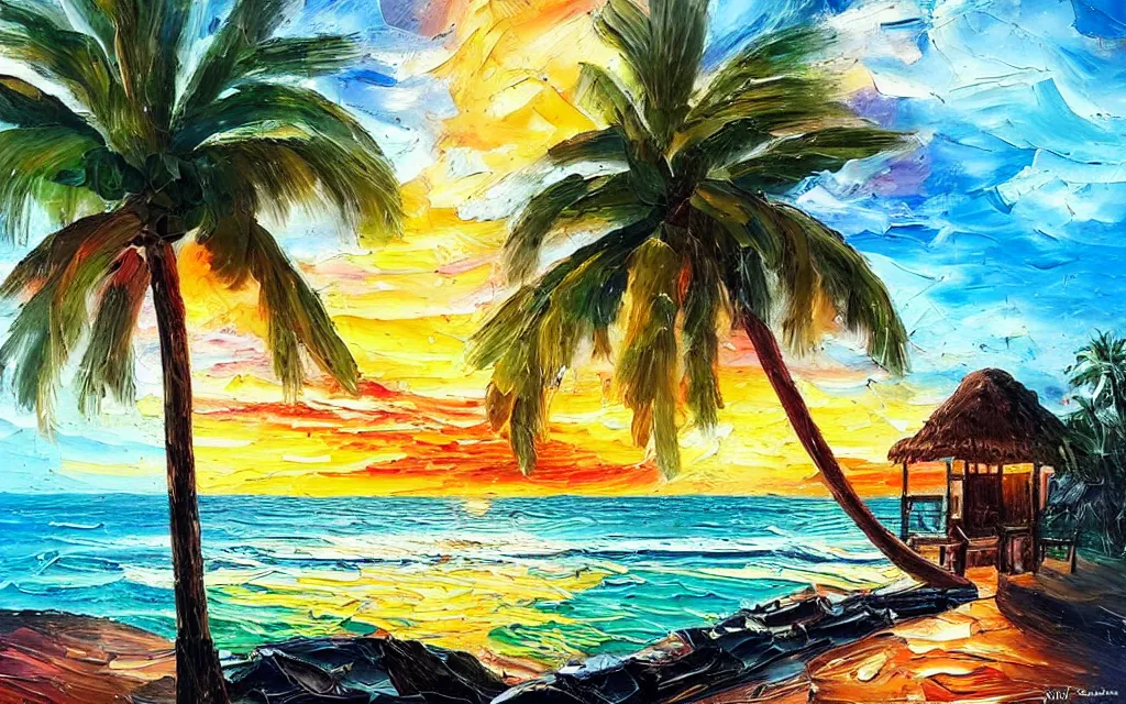 Image similar to in a sea is a tiny island surrounded by water with a cute cozy cottage with a terrace, a paved courtyard with benches a fountain and string lights, palm trees, sunset, puffy clouds, dramatic and dynamic lighting, thick brush strokes oil impasto painting