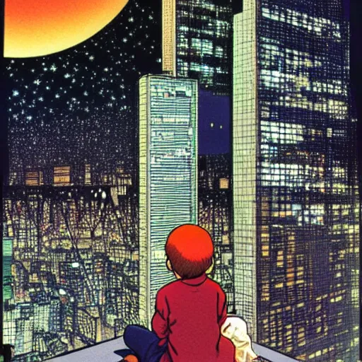 Image similar to a kid in a big city, sits on rooftop, watches a beautiful night full of stars and tech buildings, by satoshi kon and basil gogos