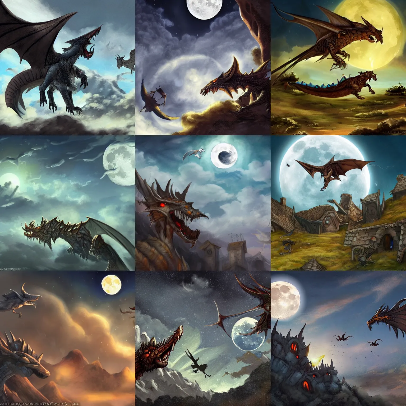 Prompt: looking up at a wyvern flying in front of the moon attacking a village, fantasy art, concept art, dnd