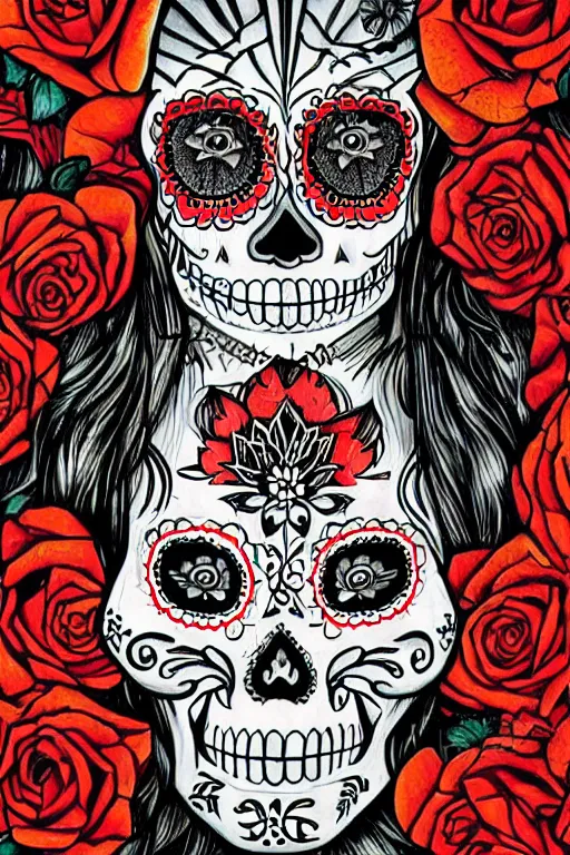 Image similar to illustration of a sugar skull day of the dead girl, art by douglas smith