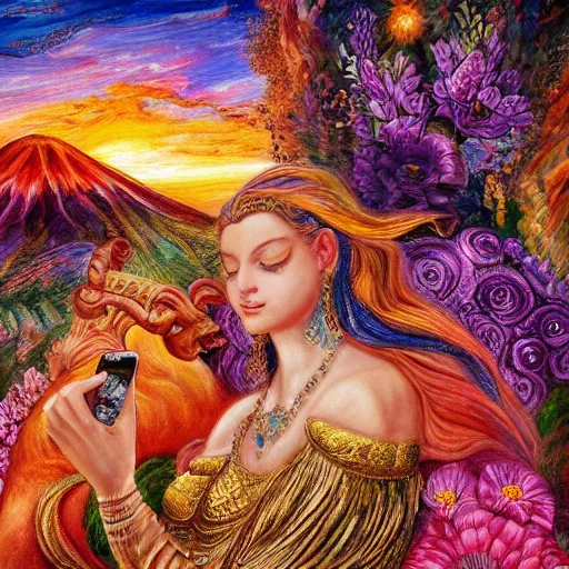 Image similar to a painting by josephine wall depicting a goddess riding a ram while checking her cell phone, erupting volcano and sunrise in distance in background, flowers in foreground, acrylic on canvas, intricately detailed, high resolution, trending on artstation