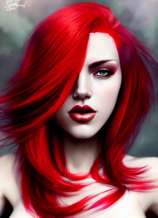 Image similar to photo of gorgeous woman with red and white half dye hair in the style of stefan kostic, realistic, half body shot, sharp focus, 8 k high definition, insanely detailed, intricate, elegant, art by stanley lau and artgerm, foggy backgeound