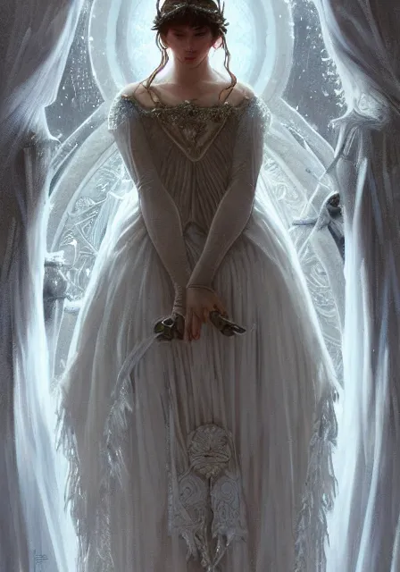 Image similar to snow queen in ice dress, intricate, elegant, highly detailed, digital painting, artstation, concept art, smooth, sharp focus, illustration, art by artgerm and greg rutkowski and alphonse mucha and william - adolphe bouguereau