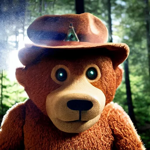 Image similar to UHD canndid photo of Smokey The Bear in the woods, sitting on the potty, by Annie leibowitz, photorealisitc, extremely detailed