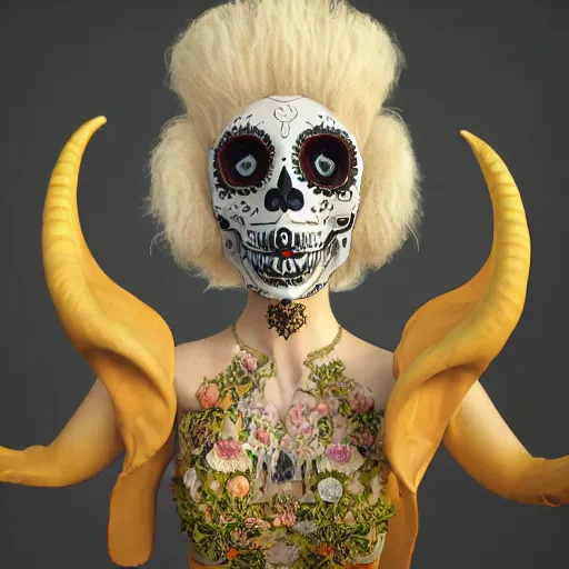 Image similar to champagne blonde lady changeling mythical satyr, humanoid with goat horns and goat legs, mid - waist self - portrait, perfect symmetry, intricate, dia de los muertos, skulls and flowers mask, aztec ultra detailed feathered dress 4 k resolution, octane rendering, ultra realistic, photo realism, beeple, 2 0 mm