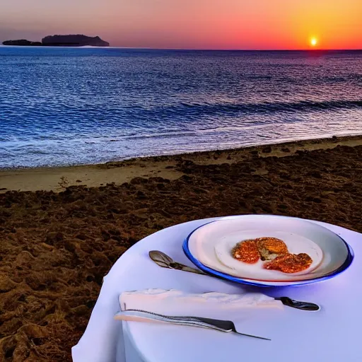 Image similar to photo of a white dish over a table with a sunset on the beach in the background