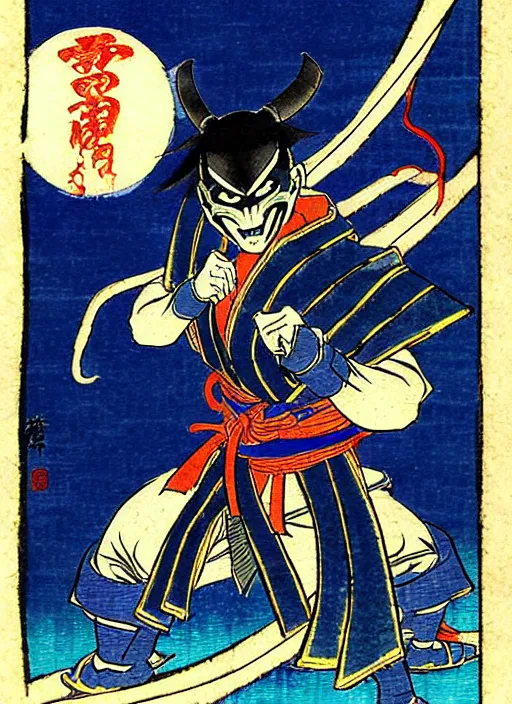 Prompt: mortal kombat's sub - zero as a yokai illustrated by kawanabe kyosai and toriyama sekien