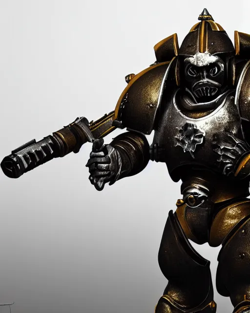 Image similar to suzanne the 3 d blender monkey blender 3 d wearing warhammer space marine armor dynamic pose menacing cinematic shot atmospheric greebled high detail 4 k