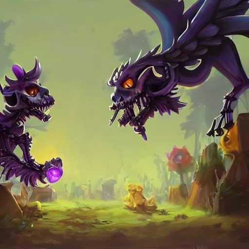 Image similar to cute skeleton animal creatures. hearthstone animal creatures, graveyard background, bright art masterpiece artstation. 8k, sharp high quality artwork in style of Jose Daniel Cabrera Pena and Greg Rutkowski, violet theme, concept art by Tooth Wu, hearthstone card game artwork