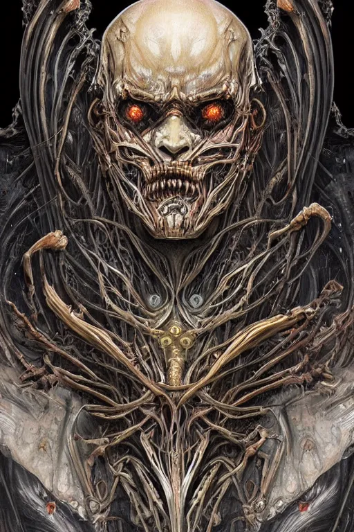 Image similar to Elden Ring and Doom themed painting of majestic chromatic biomechanical anatomical undead warrior hybrid beautiful ethereal angel symmetrical neutral mask closeup face tattoo pattern golden ratio concept, Neo-Gothic concept, infinity glyph waves, intricate artwork masterpiece, very coherent artwork, cinematic, full frontal facial features by Artgerm, art by H.R. Giger, Joseph Michael Linsner, Zdizslaw Beksinski, Johnatan Wayshak, Moebius, Ayami Kojima, very anatomically coherent artwork, trending on cgsociety, ultra high quality model, production quality cinema model, high detail chromatic ink outline, octane render, unreal engine 8k, hyper realism, high detail, octane render, unreal engine, 8k, High contrast