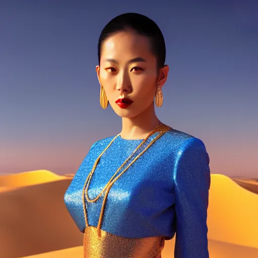 Image similar to innovative avant-garde art, deco fashion, asian women, wearing blue, highly detailed, photorealistic portrait, serene desert setting, golden hour, crisp quality and light reflections, unreal engine 5 quality render