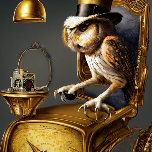 Image similar to oil painting of grumpy rich steampunk owl sitting in fancy chair, wearing top hat, holding gold watch, steampunk factory background, sharp focus, fantasy style, octane render, volumetric lighting, 8k high definition, by greg rutkowski, highly detailed, trending on art Station, magic the gathering artwork, centered, deviantart,