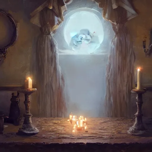 Prompt: Concept art, beautiful painting of a Ragdoll cat, shining its light among candles, 8k, james gurney, greg rutkowski, john howe, artstation