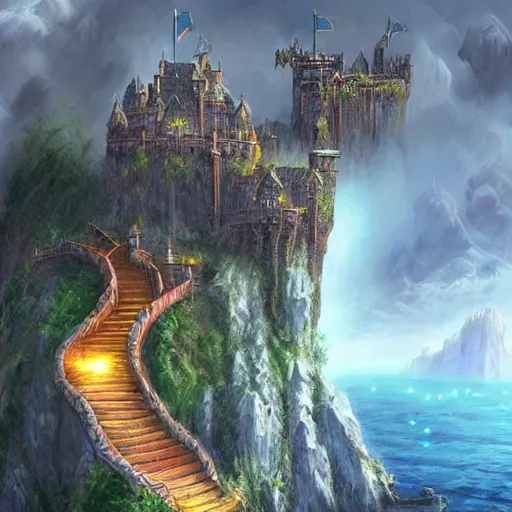 Prompt: a castle on a flying island, masterpiece, flying island on the sky, magic the gathering coloring style, epic fantasy style art, fantasy epic digital art, epic fantasy card game art