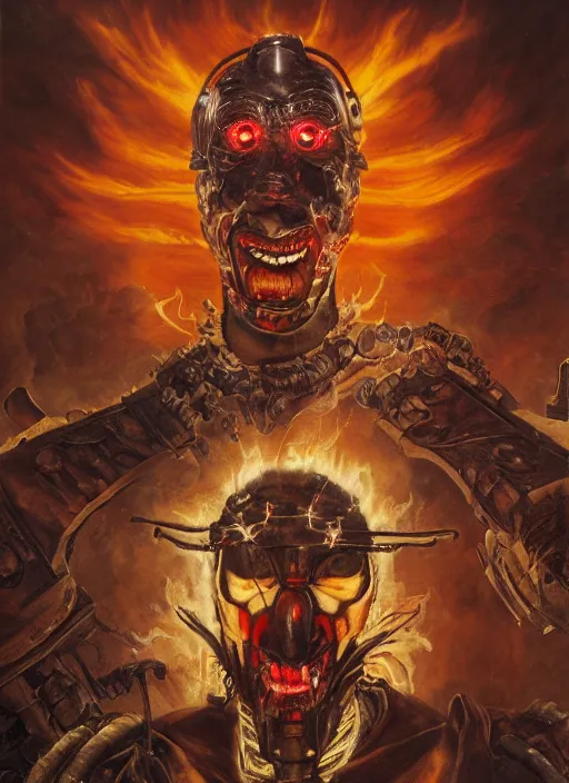 Prompt: portrait of a diabolical cyborg clown samurai fires a flamethrougher, wearing burning torn cape, dynamic pose, glowing eyes, ancient ruins, glowing veins subsurface scattering, in clouds, sunset, portrait, by gerald brom, by mikhail vrubel, by peter elson, muted colors, extreme detail, reflections, trending on artstation, 8 k