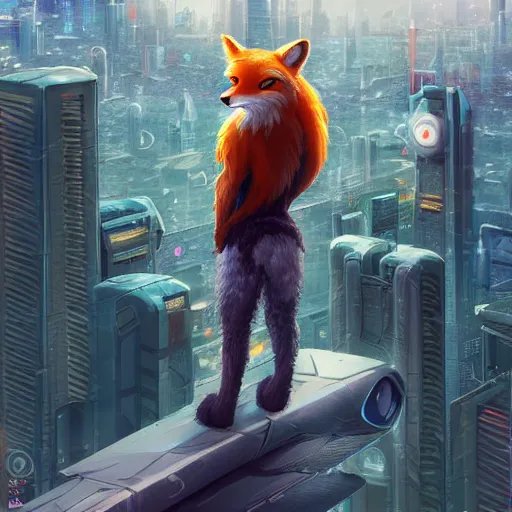 Image similar to an anthropomorphic fox with a fluffy tail staring over a futuristic city from the top of a roof, highly detailed, trending on furaffinity, cyberpunk, backlighting, cartoon