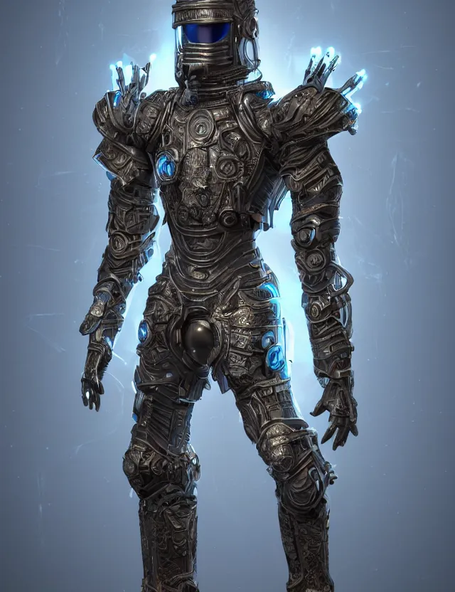 Prompt: full body shot, digital realistic 3 d rendering of a futuristic retro spacepunk intricate armor holy paladin with light powers and intricate head armor, highly detailed, 4 k, hdr, smooth, sharp focus, high resolution, award - winning photo., corona render, substance painter hyper detailed armor. trending on art statation