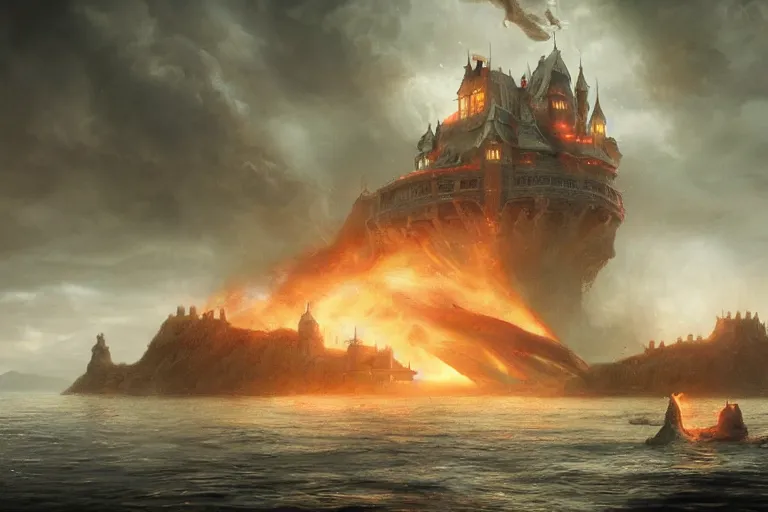 Image similar to a mysterious castle floating in the middle of a vast lake by a farm and a large fiery dragon enters the atmosphere through a gap in the clouds, cinematic lighting, ultra realistic by michal lisowski and tom bagshaw