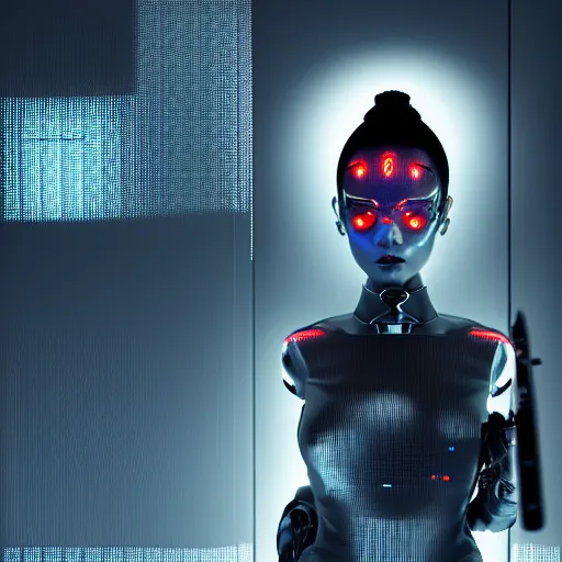 Image similar to a hyper realistic futuristic, minimal, stunningly cyborg tradition geisha photograph, covering face with a intricate sci - fi equipment, high fashion, in a dark futuristic room, metal gear solid, dark moody backlighting, silhouette, octane render,