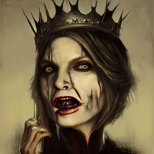 Image similar to portrait of Michelle Pfeiffer as evil vampire queen shoeing her sharp teeth wearing a dark crown by Tom Bagshaw and Guy Denning, rim light